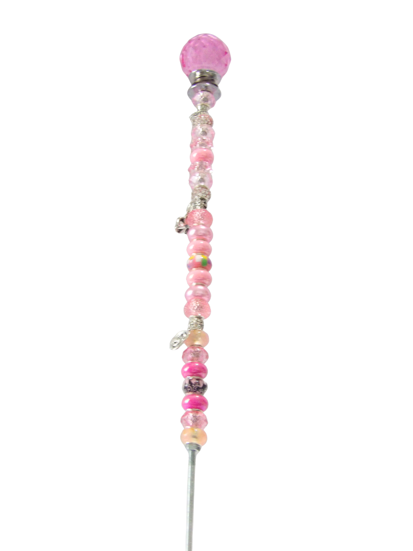 Beaded fairy wand with pink and silver beads on a white background