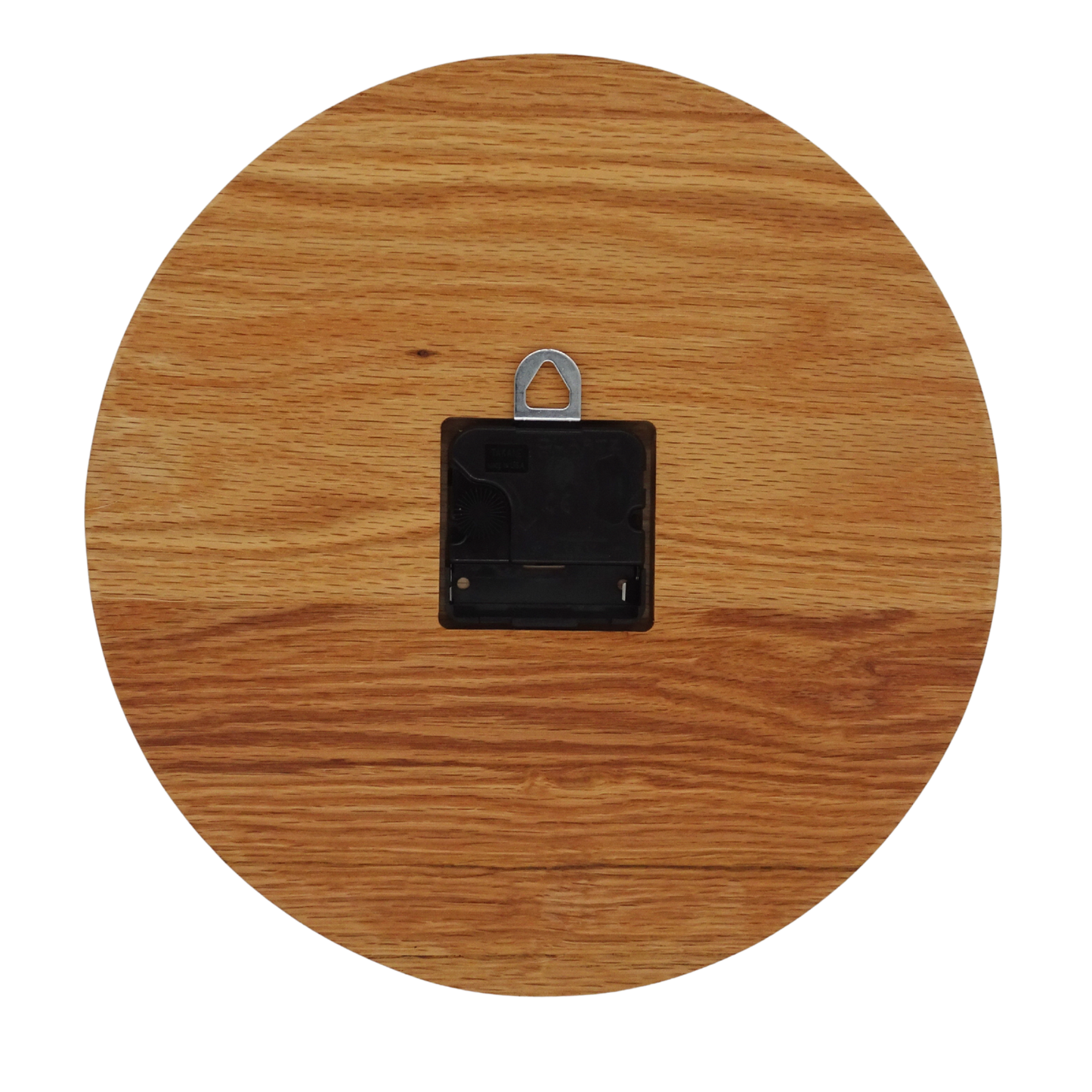 Wooden circular clock with a black square movement and metal clip 