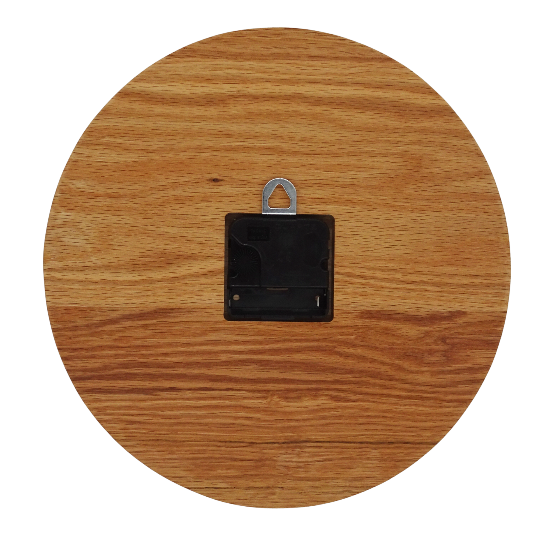 Wooden circular clock with a black square movement and metal clip 